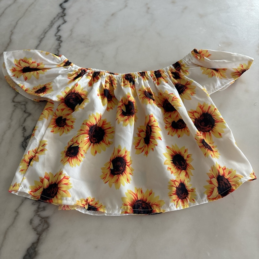 SHEIN Sunflower Print Off-Shoulder Top - Yellow and White